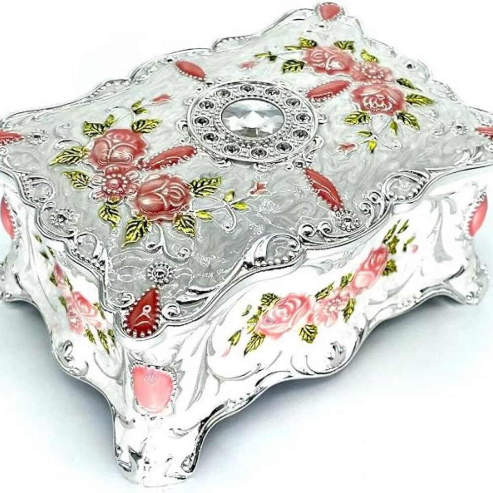 NIB. Vintage Style Metal Trinket Box. White & Silver with Roses.